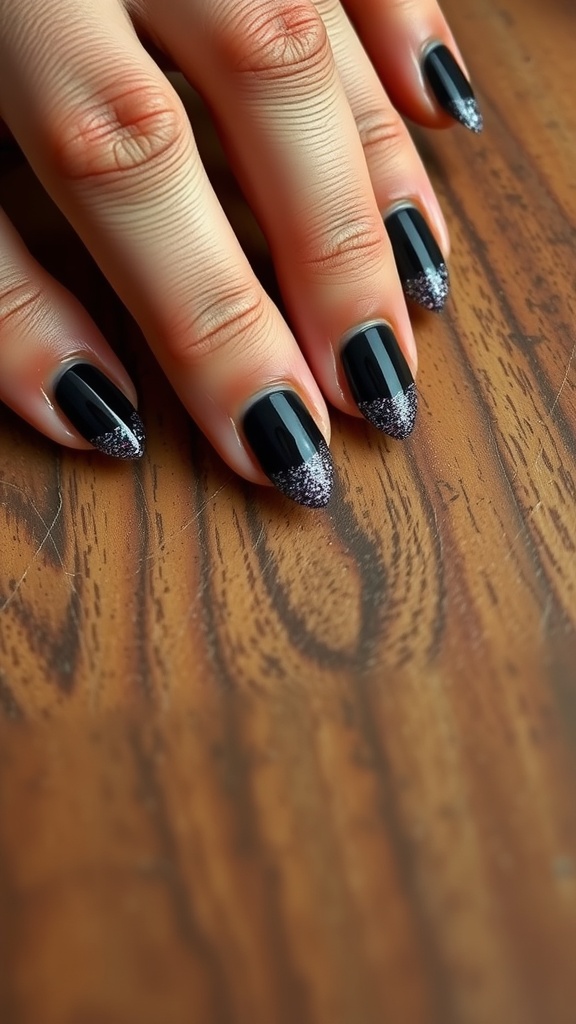 Close-up of hands with espresso brown nails and glitter tips, resting on a wooden surface.