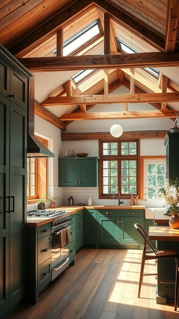 A kitchen featuring rich forest green cabinets, wooden beams, and large windows allowing natural light.