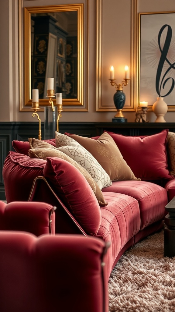 A luxurious living room featuring a rich red sofa with decorative cushions, a plush rug, and elegant golden accents.