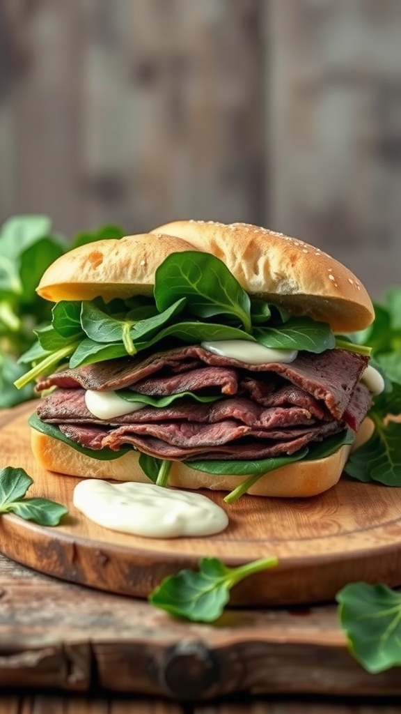 Roast Beef and Spinach Sandwich with a side of mayonnaise