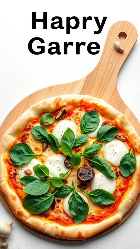 A delicious pizza with roasted garlic, spinach, and mozzarella cheese