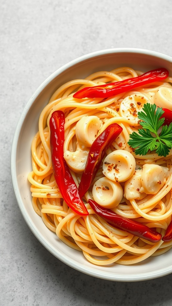 Spaghetti with roasted red pepper Alfredo sauce and garnishes