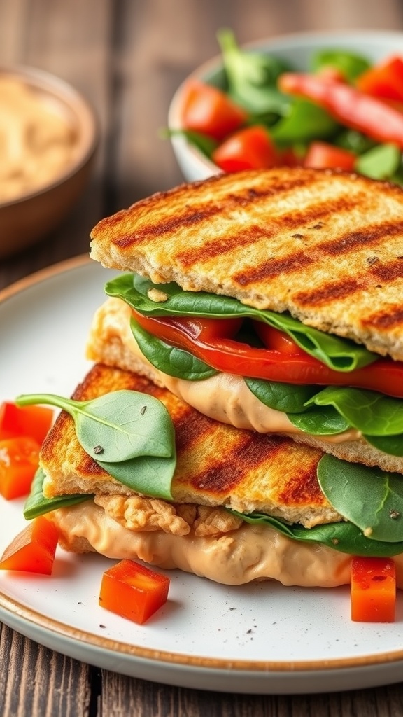 A close-up of a roasted red pepper and hummus sandwich with spinach and tomatoes.