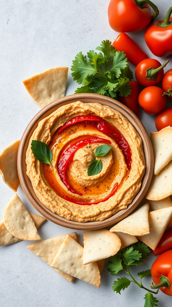 A bowl of roasted red pepper hummus surrounded by pita chips and fresh vegetables.