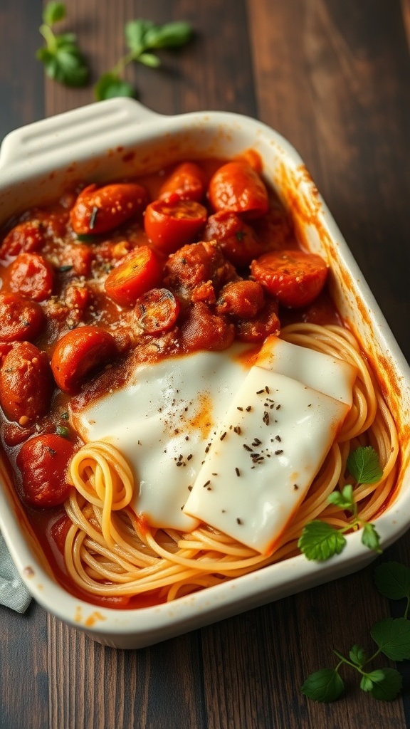 A delicious serving of roasted tomato and chipotle pasta bake with melted cheese.