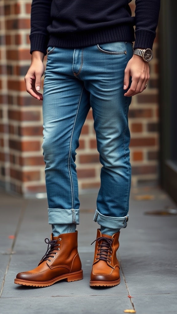 A pair of rolled cuff jeans and brown chukka boots, styled for a business casual outfit.