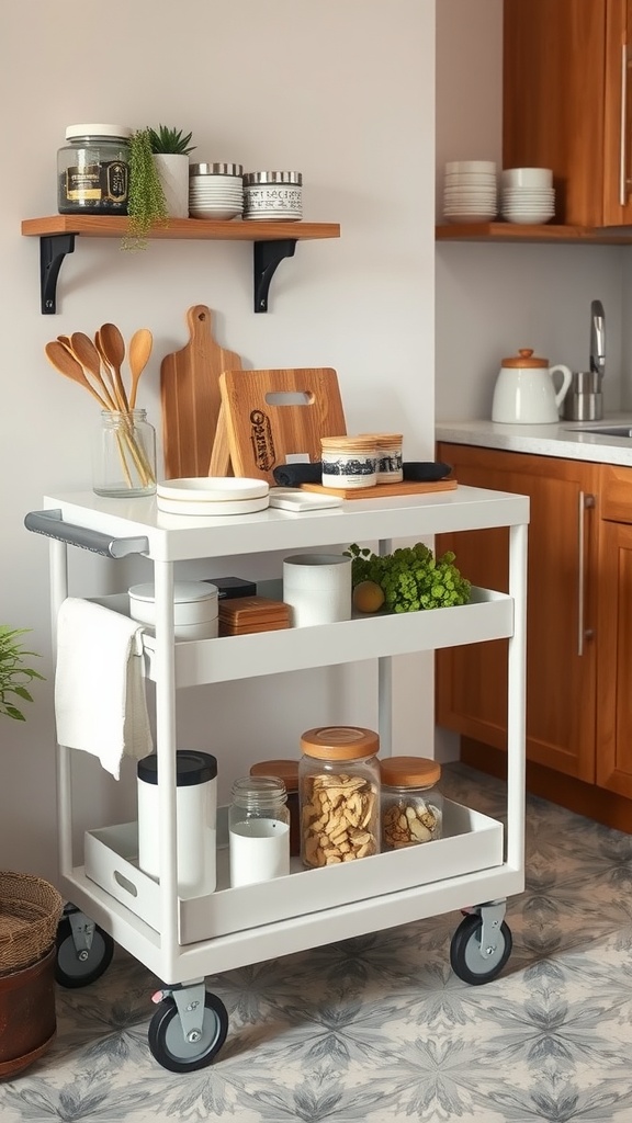 A white rolling cart with jars, plates, and utensils in a small kitchen setting.