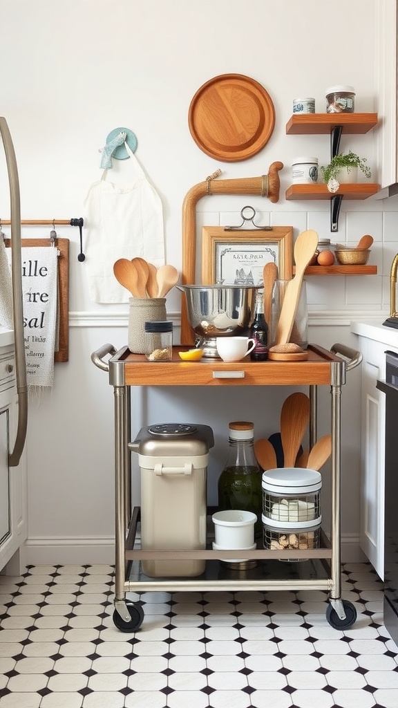 A stylish rolling cart in a small kitchen, showcasing organized kitchen essentials.