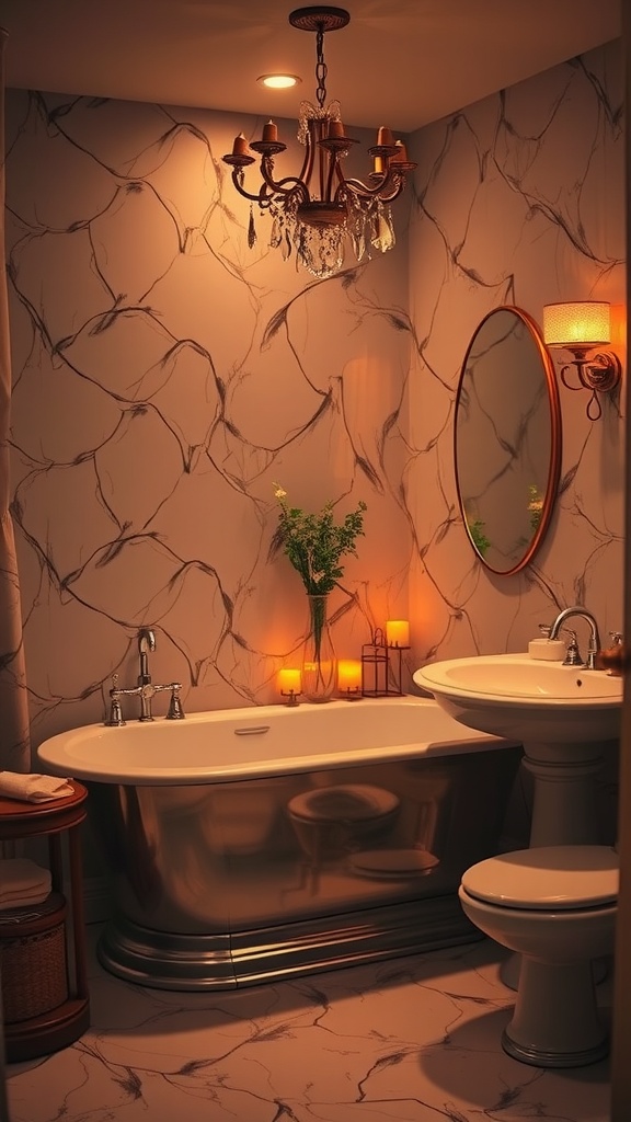 Aesthetic bathroom with soft lighting, featuring a chandelier and candles.