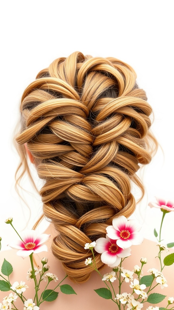 Romantic braided curly updo hairstyle with flowers