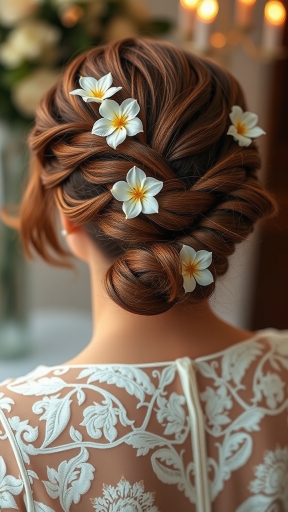 A romantic braided updo hairstyle adorned with white flowers