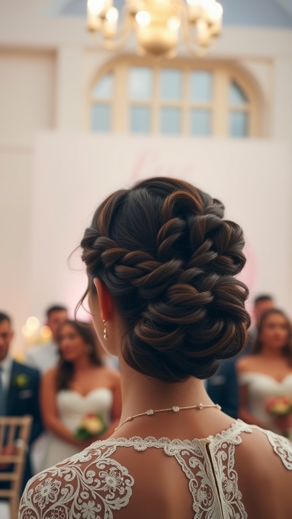 A romantic curly updo hairstyle with braids, seen from the back, showcasing intricate details and elegance.