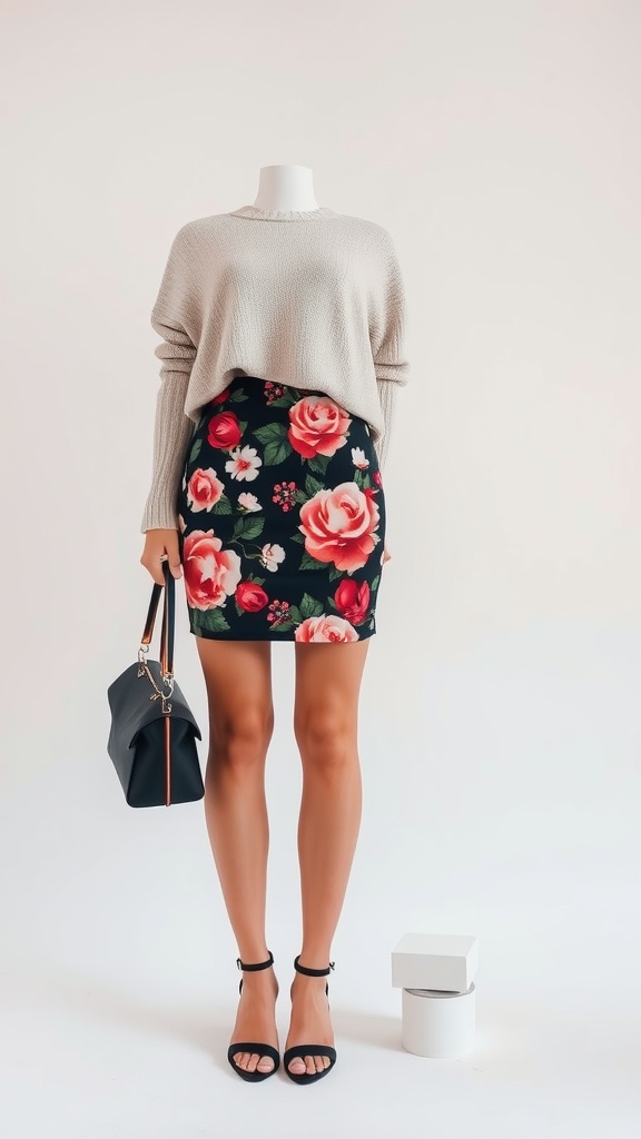 A mannequin dressed in a floral mini pencil skirt paired with a beige oversized sweater, holding a black handbag and wearing black strappy heels.