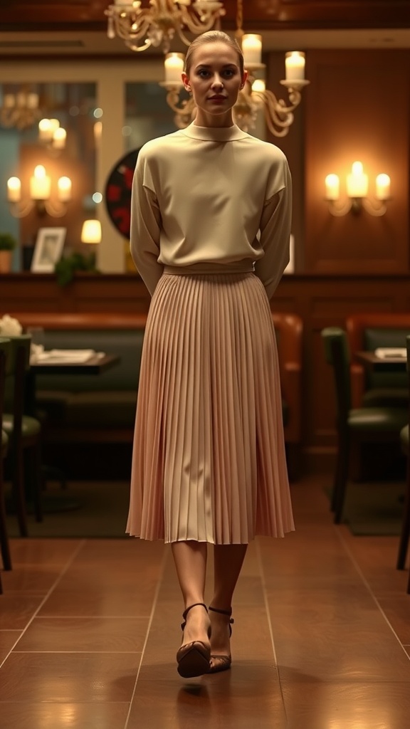 A woman in a soft pleated midi skirt, showcasing a romantic outfit for a date night.