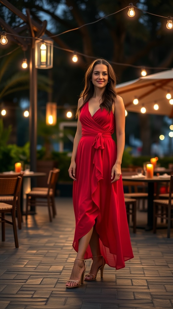 A woman wearing a red wrap top and a red maxi skirt, standing in an outdoor restaurant setting with warm lights.