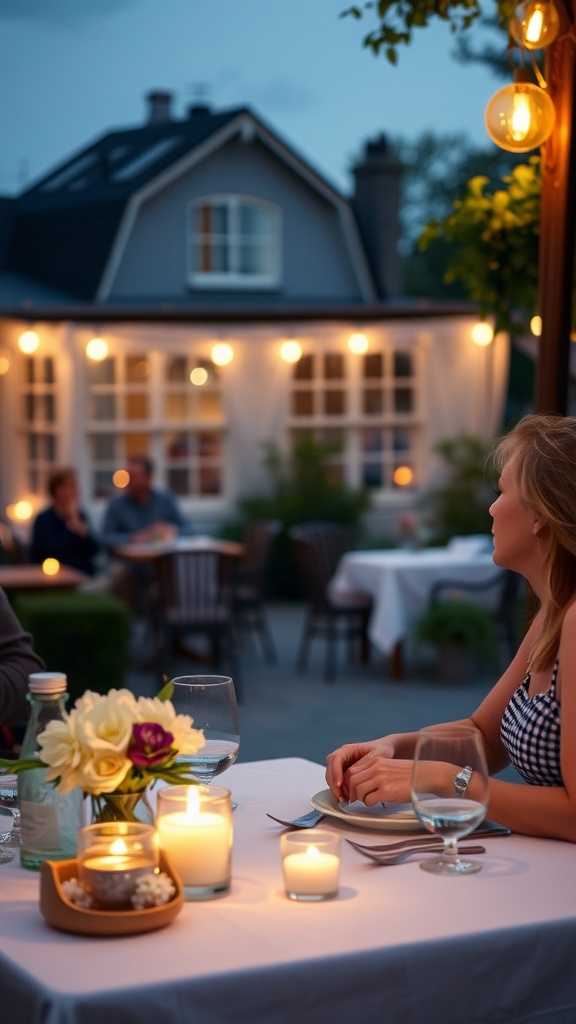 A woman in a gingham dress enjoying a romantic dinner at a candlelit table outdoors.