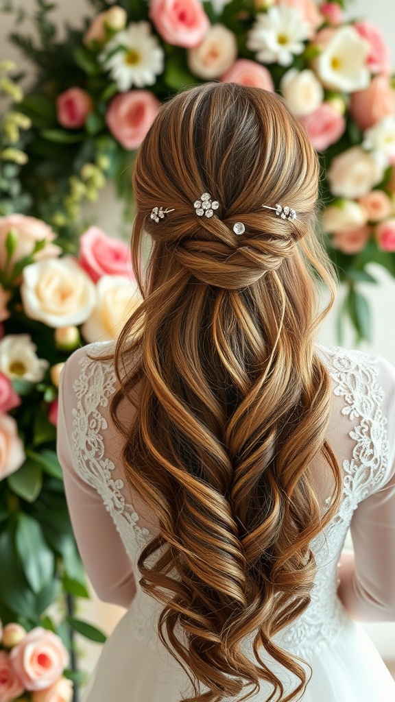 Bride with long wavy hair adorned with glittering hairpins, standing in front of a floral backdrop.