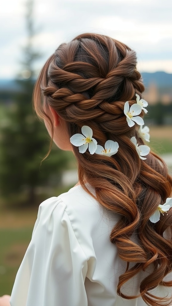 Romantic down hairstyle featuring twisted sections and flowers