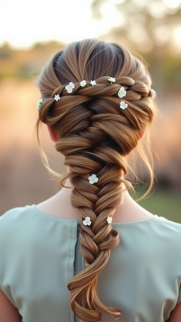 A romantic fishtail braid hairstyle adorned with small white flowers.