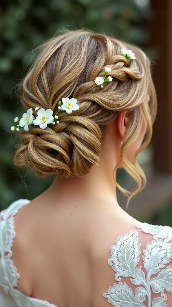 A romantic half-up braided crown hairstyle adorned with white flowers, showcasing a beautiful and elegant look.