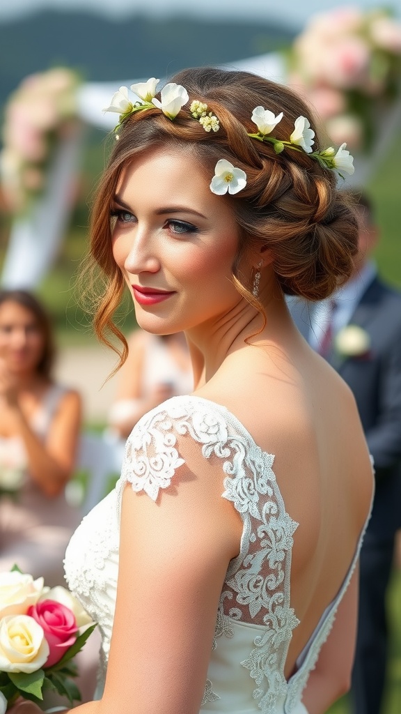Bride with half-up braided crown hairstyle and floral accents.
