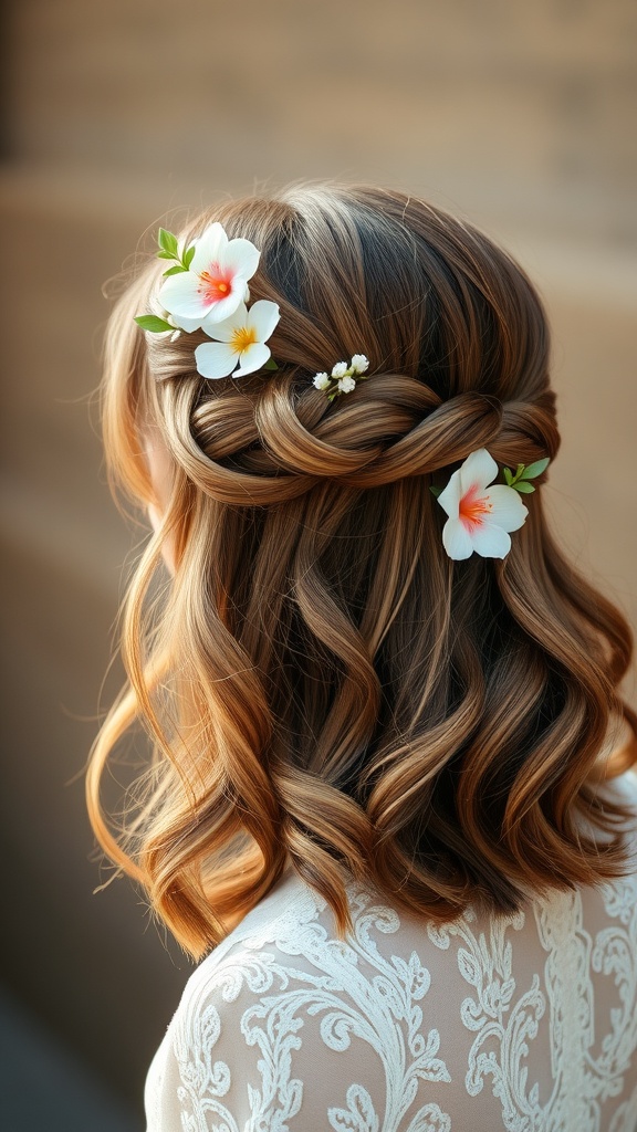 A romantic half-up half-down hairstyle featuring soft waves and flowers.