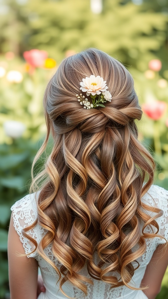 A romantic half up hairstyle with soft curls, featuring a flower accessory and a claw clip.