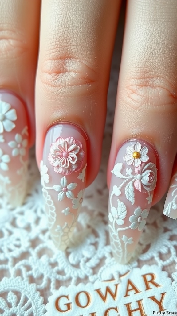 Close-up of almond-shaped nails featuring 3D flower designs and lace detailing on a soft pink background.