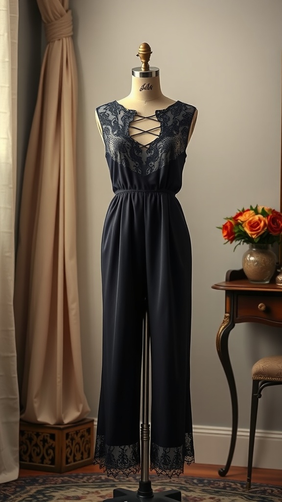 Elegant navy jumpsuit with romantic lace detailing and crisscross neckline on a dress form.