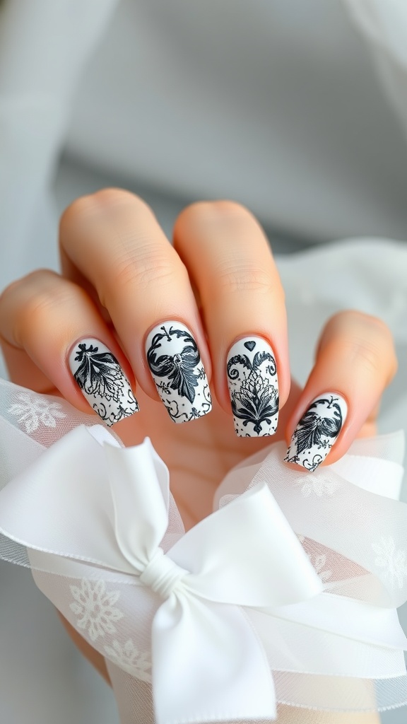 Close-up of nails with romantic lace patterns in black on a white background, featuring a white ribbon.