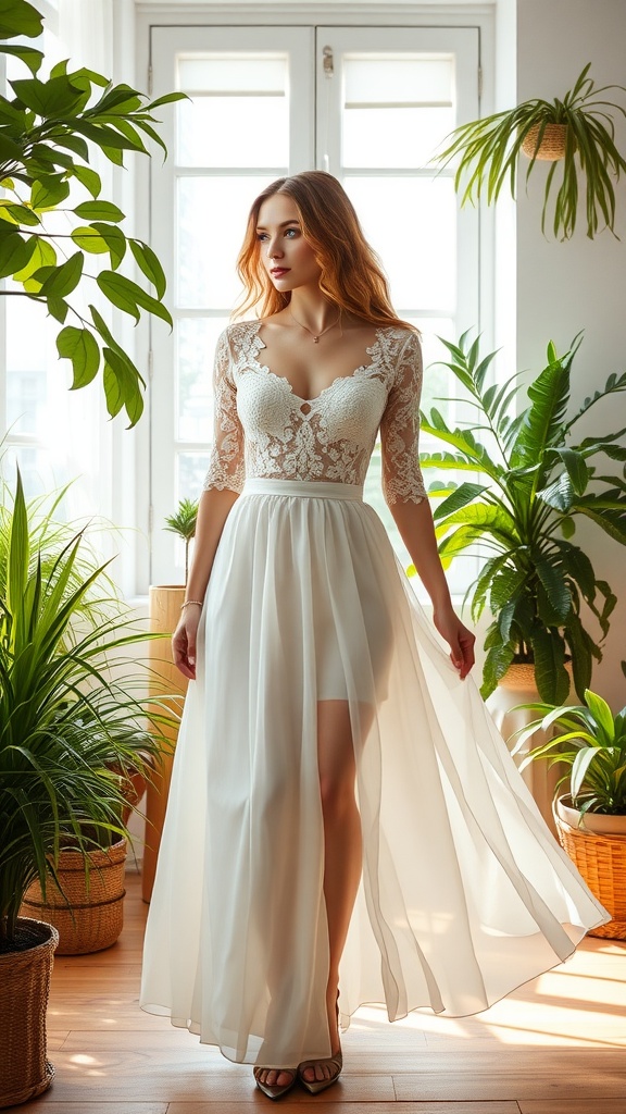 A woman in a lace top and A-line skirt standing in a bright room filled with plants