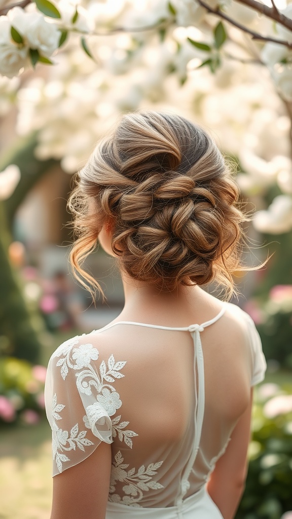 A romantic loose updo hairstyle with intricate braids, framed by blooming flowers.