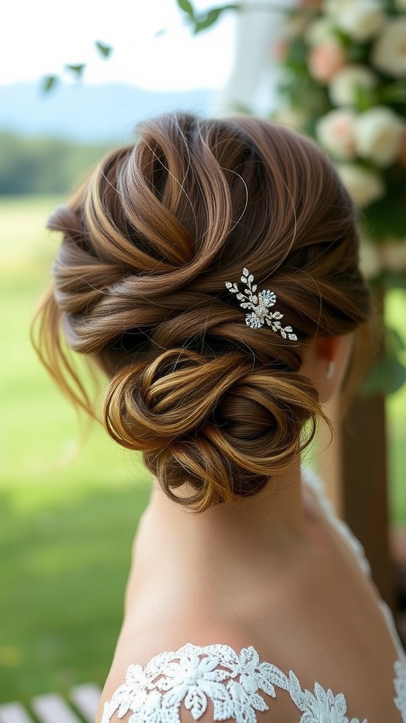 A romantic loose updo hairstyle with soft twists and a delicate hairpiece, set against a natural backdrop.