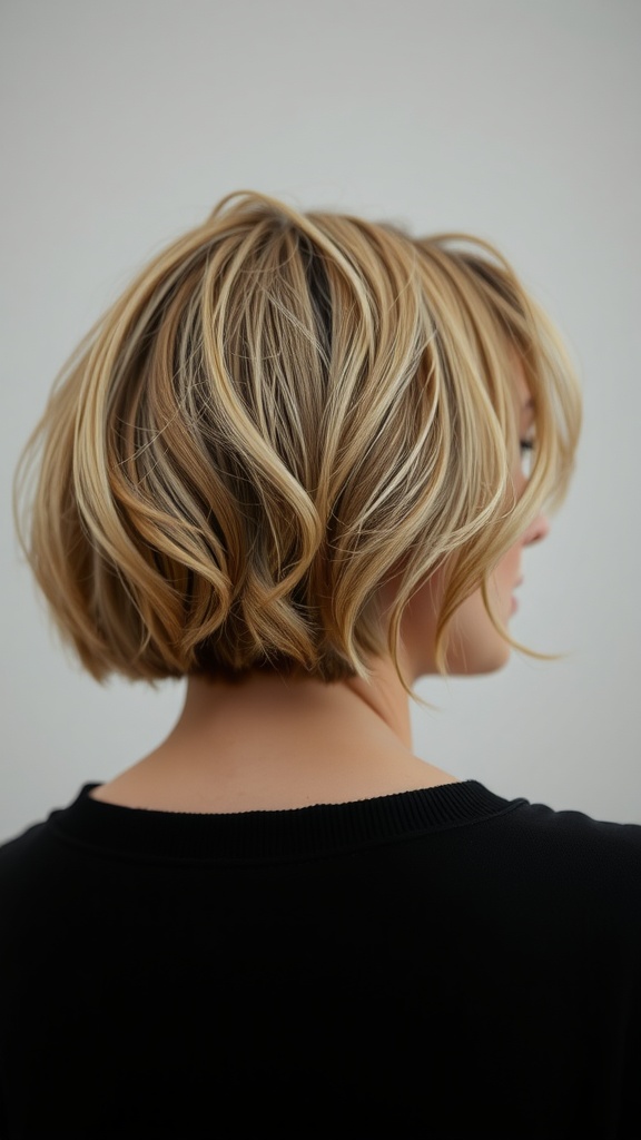 Back view of a woman with loose, romantic waves in a layered bob hairstyle.