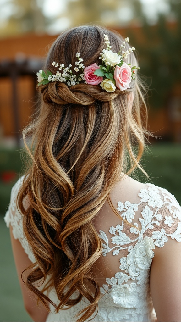 A bride with loose waves and a floral hair arrangement.