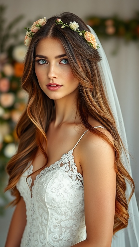 Bride with long loose waves and floral crown