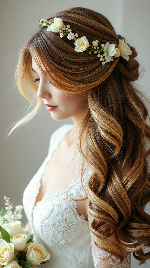 Bride with loose waves hairstyle and floral headband