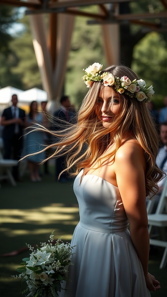 Bridesmaid with loose waves and a floral crown, holding a bouquet