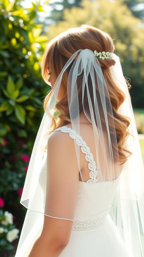A bride with loose waves hairstyle and a veil, adorned with delicate flowers.