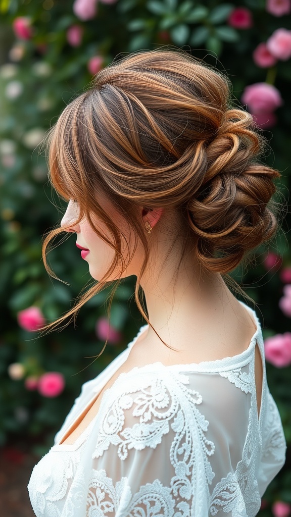 A woman with a romantic messy half bun hairstyle, featuring warm highlights and soft strands framing her face, surrounded by pink flowers.
