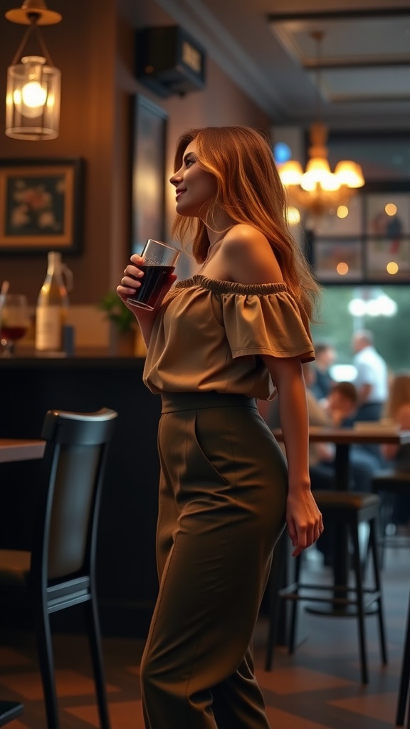 A woman in an off-the-shoulder top and tailored pants, holding a drink in a cozy bar setting.