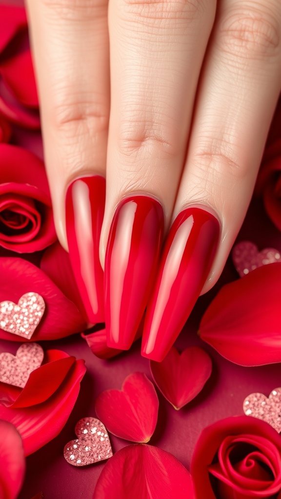Romantic red ombre nails with rose petals and heart-shaped decorations