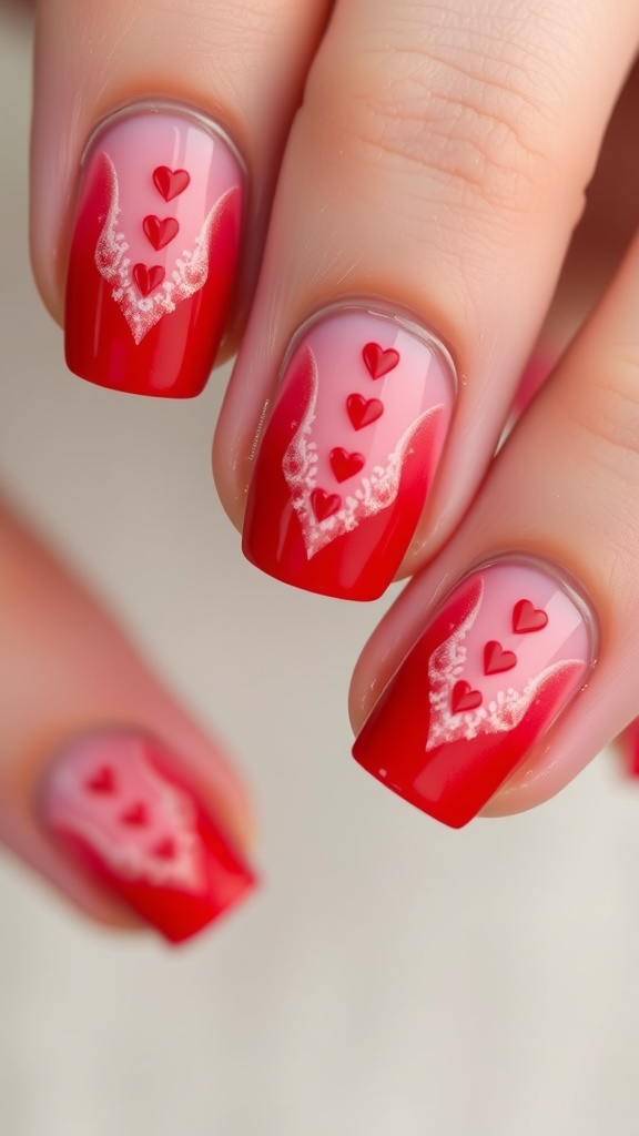 Close-up of romantic red ombre nails with heart designs