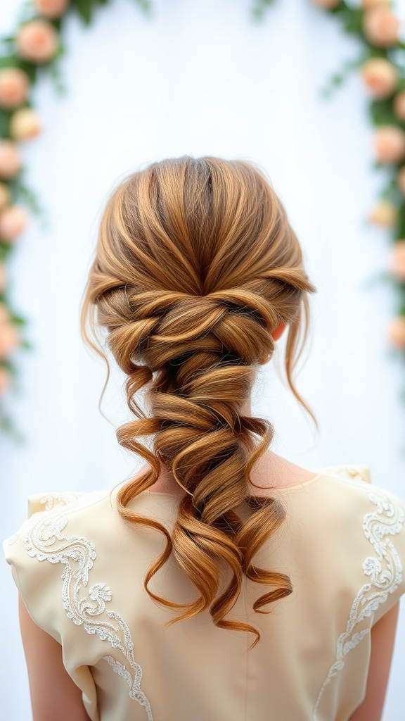 A woman with a romantic side ponytail featuring loose waves, set against a backdrop of soft floral decorations.
