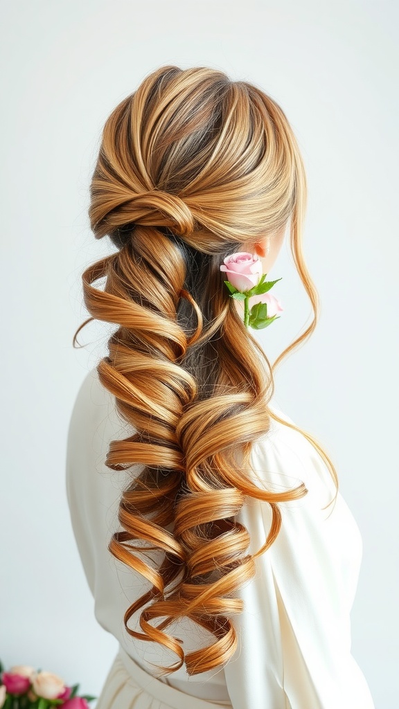 A woman with a romantic side ponytail styled with loose waves and a rose accent.