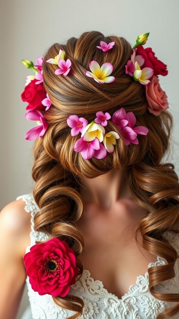 A bride with a romantic twist out hairstyle adorned with vibrant flowers.