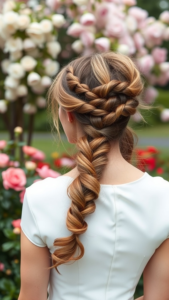 A woman with a romantic twisted ponytail hairstyle, surrounded by blooming roses.