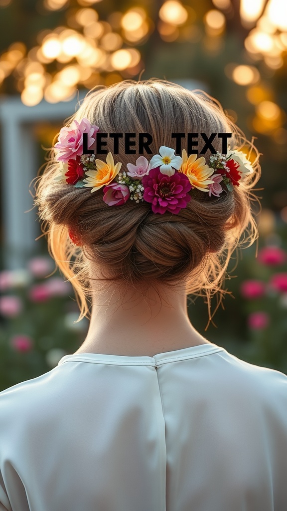 Romantic twisted updo hairstyle adorned with colorful flowers.