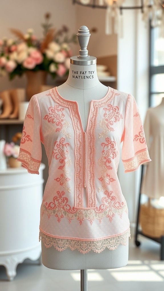 A pink lace western top displayed on a mannequin, featuring embroidered details.