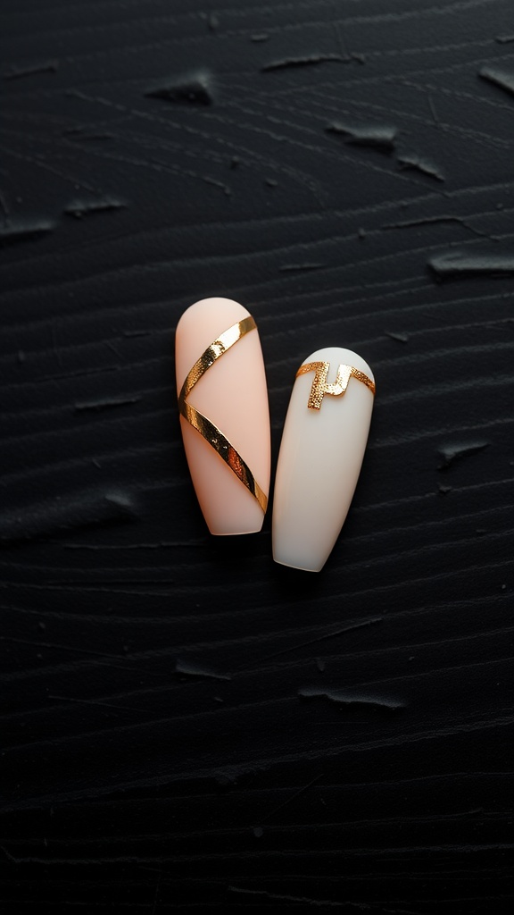 Two almond-shaped nails with a soft pink base and rose gold foil accents on a dark textured surface.